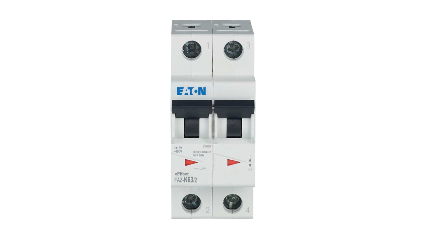 Eaton xEffect FAZ MCB, 2P, 63A Curve K, 400V AC, 96V DC, 10 kA Breaking Capacity