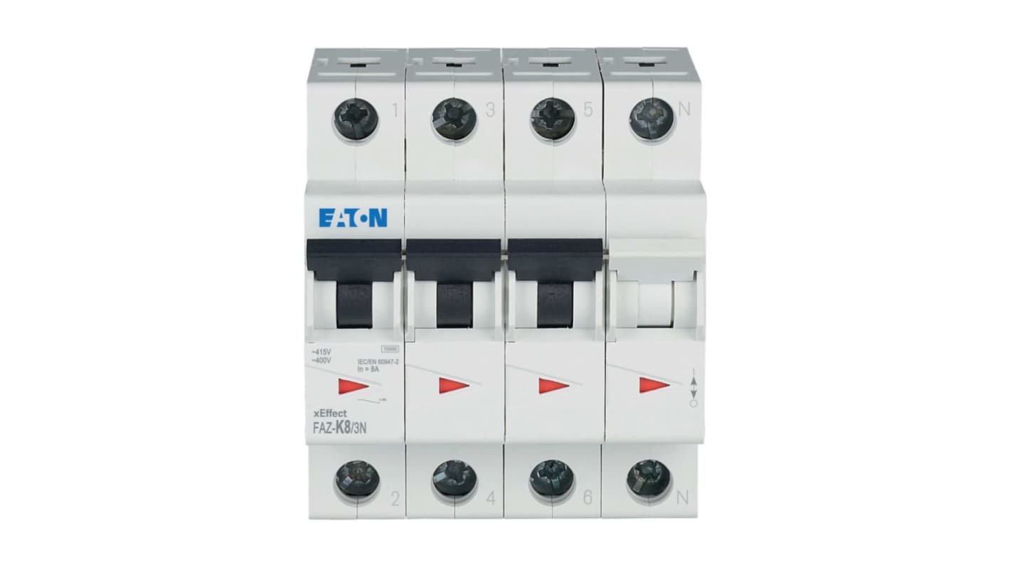Eaton xEffect FAZ MCB, 3+N, 8A Curve K, 400V AC, 60V DC, 7.5 kA Breaking Capacity