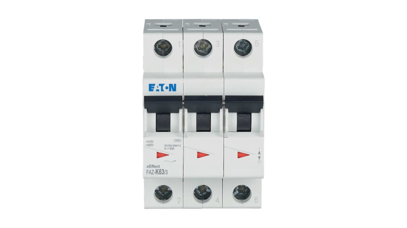 Eaton xEffect FAZ MCB, 3P, 63A Curve K, 400V AC, 60V DC, 10 kA Breaking Capacity