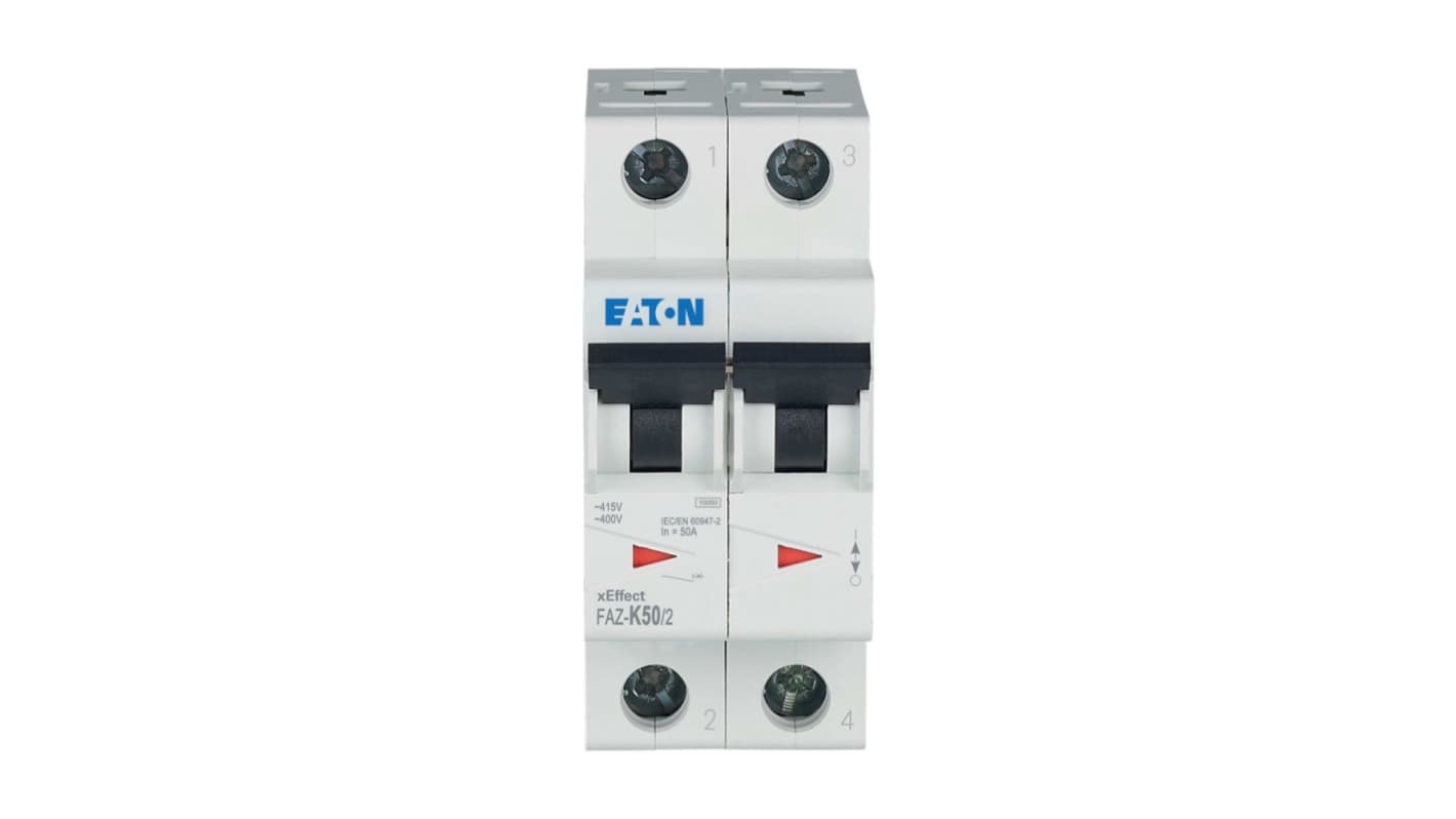 Eaton xEffect FAZ MCB, 2P, 50A Curve K, 400V AC, 10 kA Breaking Capacity