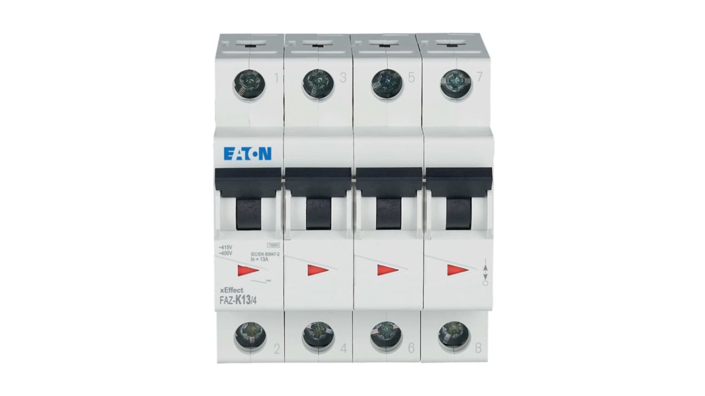 Eaton xEffect FAZ MCB, 4P, 13A Curve K, 400V AC, 60V DC, 7.5 kA Breaking Capacity