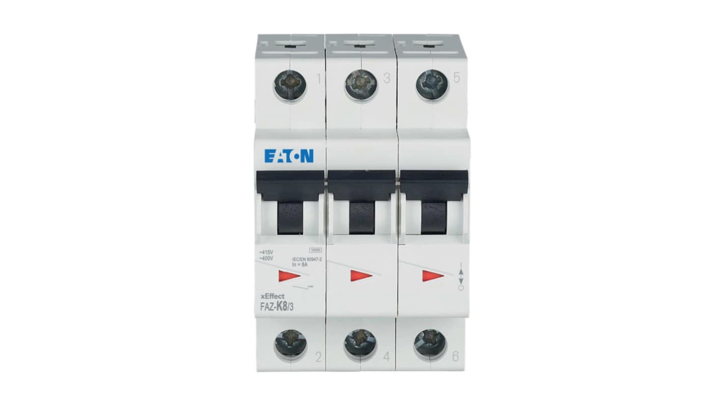 Eaton xEffect FAZ MCB, 3P, 8A Curve K, 400V AC, 60V DC, 10 kA Breaking Capacity