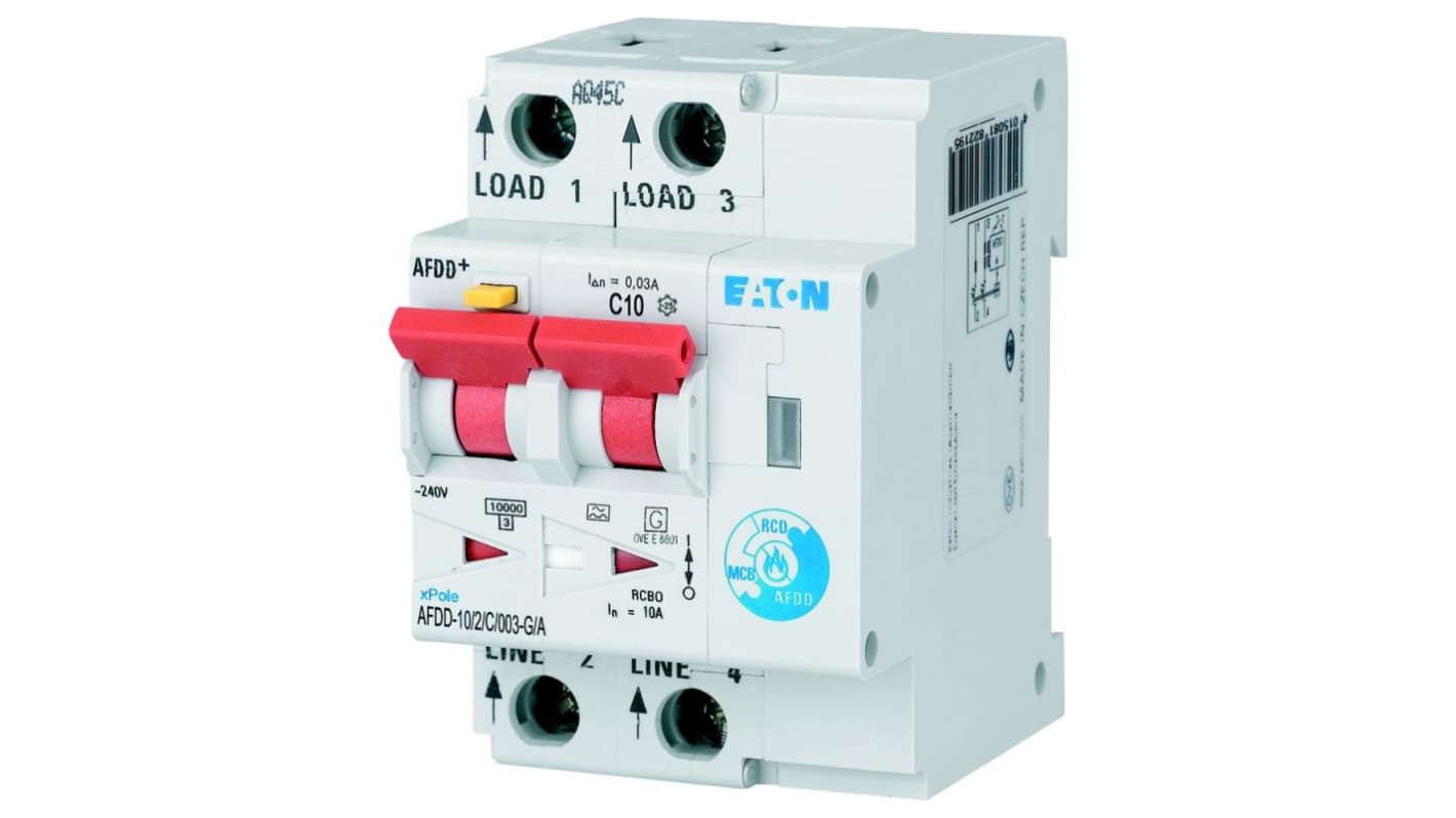 Eaton RCBO, 10kA Current Rating, 2P Poles, Type C, AFDD Range