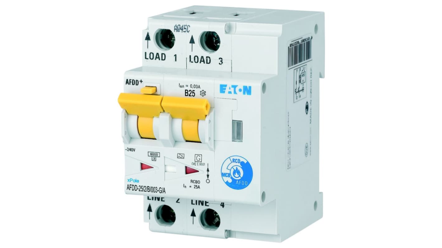 Eaton RCBO, 10kA Current Rating, 2P Poles, Type B, AFDD Range