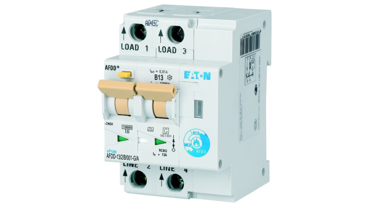 Eaton RCBO, 10kA Current Rating, 2P Poles, Type B, AFDD Range