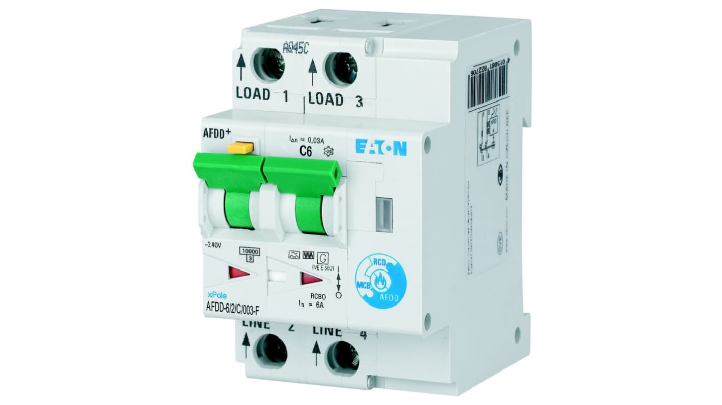 Eaton RCBO, 10kA Current Rating, 2P Poles, Type C, AFDD Range