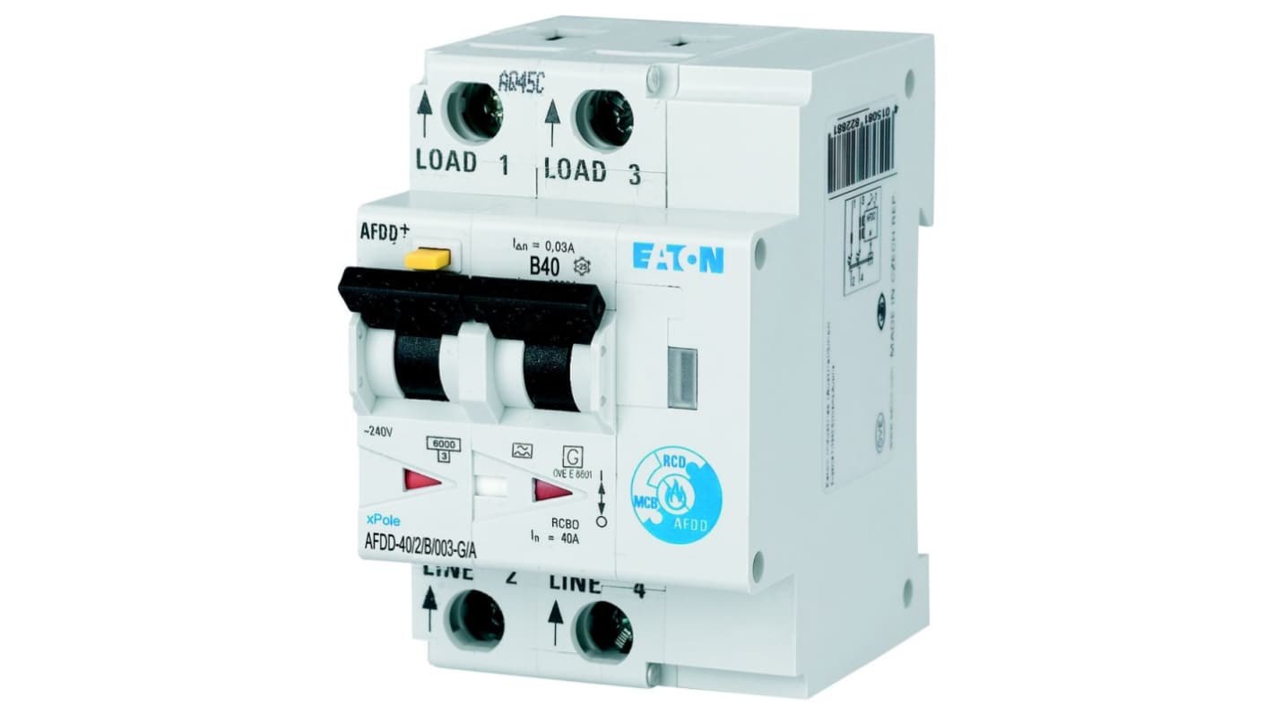 Eaton RCBO, 6kA Current Rating, 2P Poles, Type B, AFDD Range