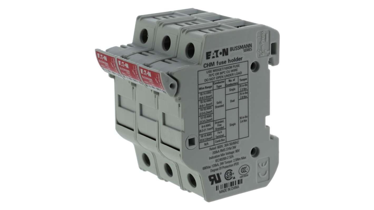 Eaton 32A Fuse Holder for 10 x 38mm Fuse, 3P, 690V ac