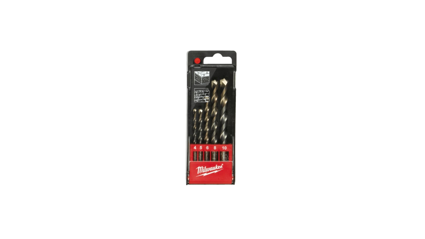 5-Piece Hammer Drill Bit Set for Concrete, 10mm Max, 4mm Min, Carbide Tipped Bits