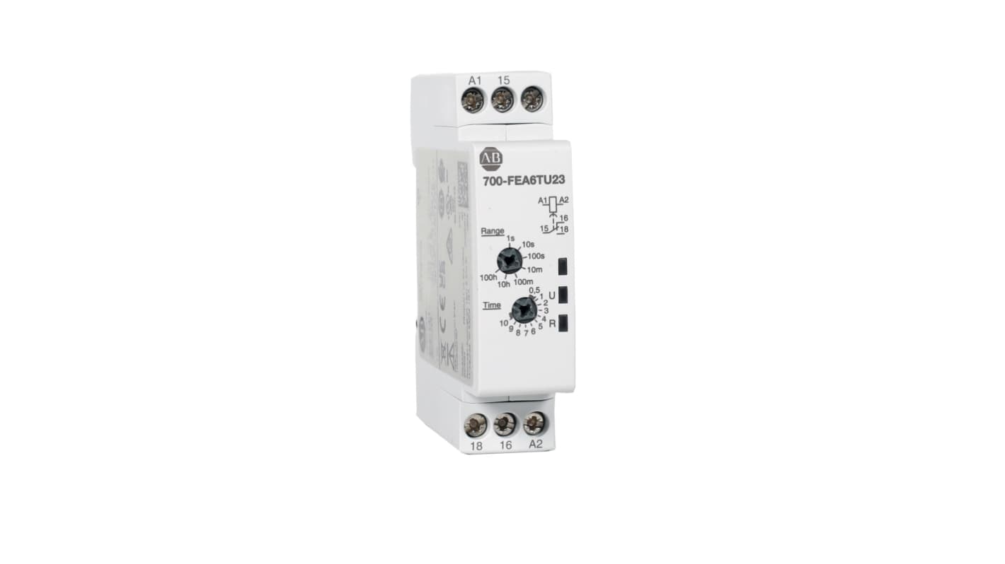 Allen Bradley 700-FEB Series DIN Rail Mount Timer Relay, 2-Contact, 0.1 to 10h, SPDT