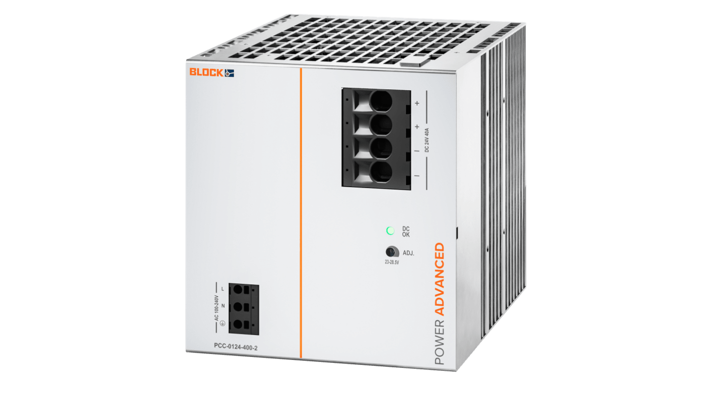 Block 主开关模式电源导轨电源, 24V 直流 40A输出, 960W, 90 → 264V 交流输入, 单相, POWER ADVANCED系列