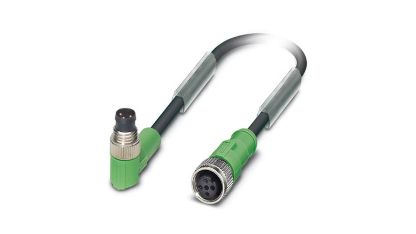 Phoenix Contact Right Angle Male 3 way M8 to Straight Female 3 way M12 Actuator/Sensor Cable, 1.5m