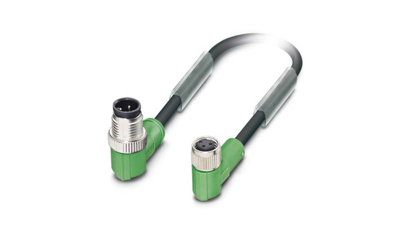 Phoenix Contact Right Angle Male 3 way M12 to Right Angle Female 3 way M8 Sensor Actuator Cable, 600mm