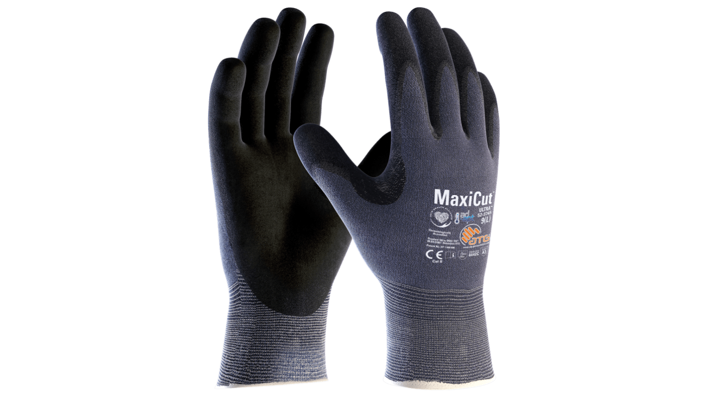 ATG MaxiCut Ultra Black, Blue Nylon, Polyester, Spandex, Tungsten, UHMWPE Cut Resistant Work Gloves, Size 9, Nitrile