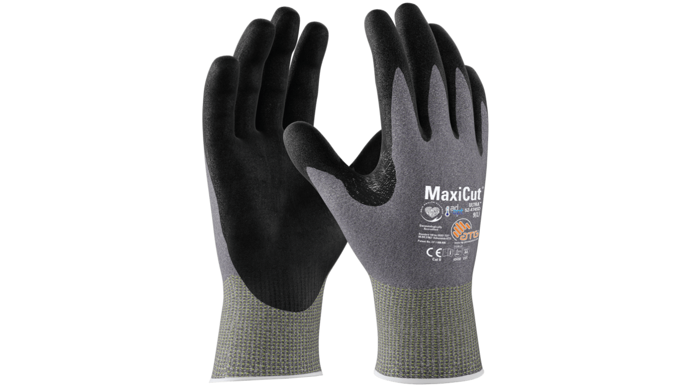 ATG MaxiCut Ultra Black, Grey Nylon, Polyester, Stainless Steel, Tungsten Cut Resistant Work Gloves, Size 11, Nitrile