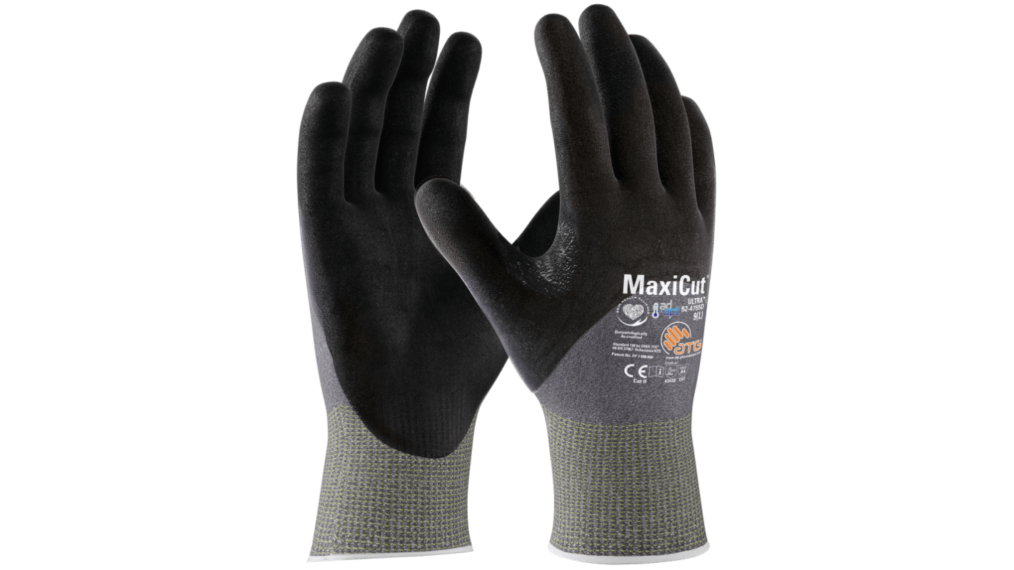 ATG MaxiCut Ultra Black, Grey Nylon, Polyester, Stainless Steel, Tungsten Cut Resistant Work Gloves, Size 9, Nitrile