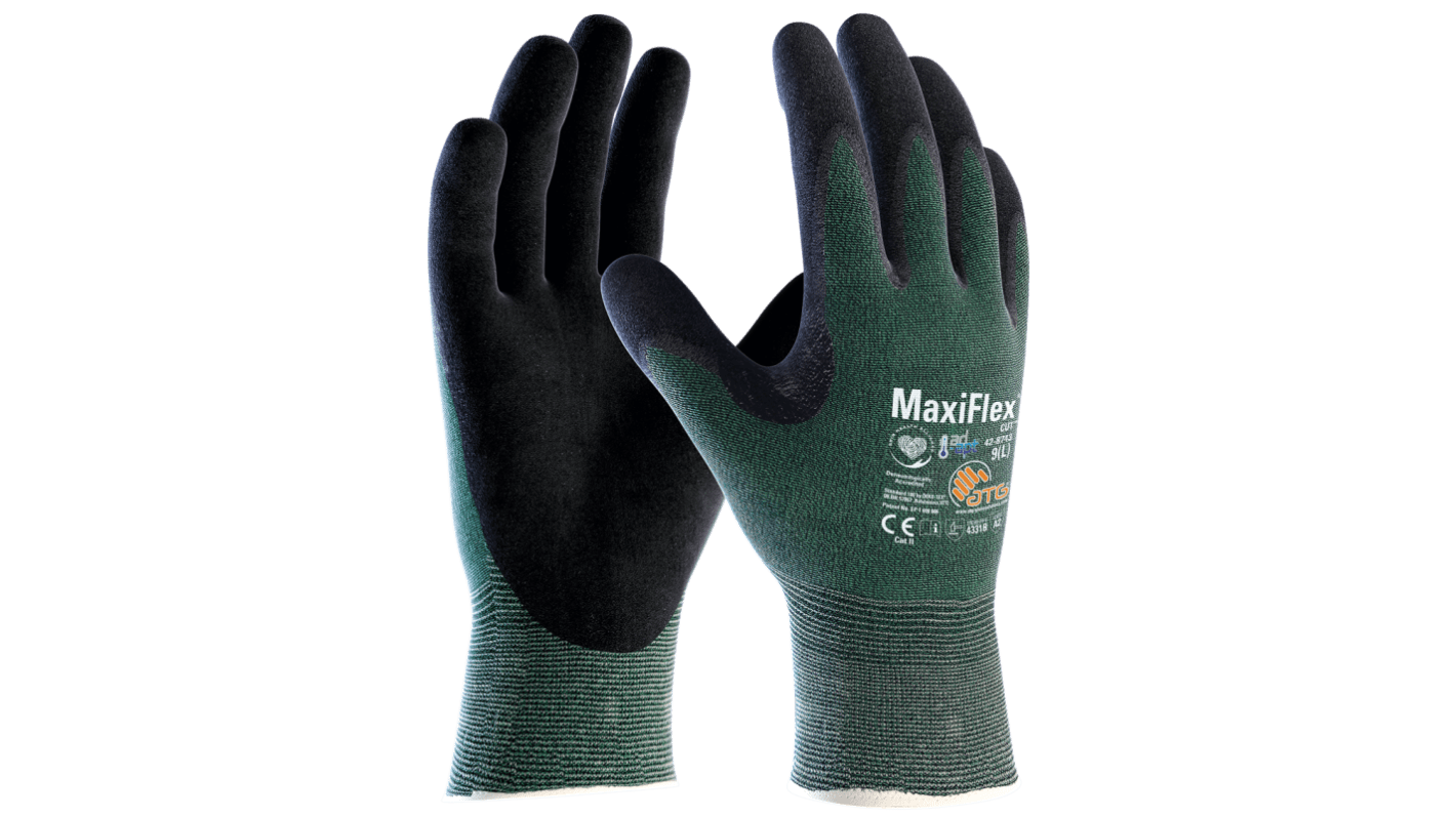 ATG MaxiFlex Cut Black, Green Glass Fibre, Nylon, Polyester, Spandex, UHMWPE Cut Resistant Work Gloves, Size 5, Nitrile