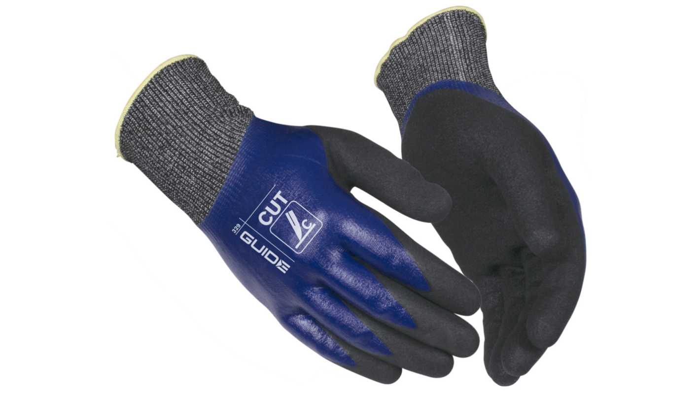 GUIDE GLOVES GUIDE 329 Black, Blue Basalt Fibre, HPPE, Nitrile, Nylon Mechanical Protection Work Gloves, Size 7,