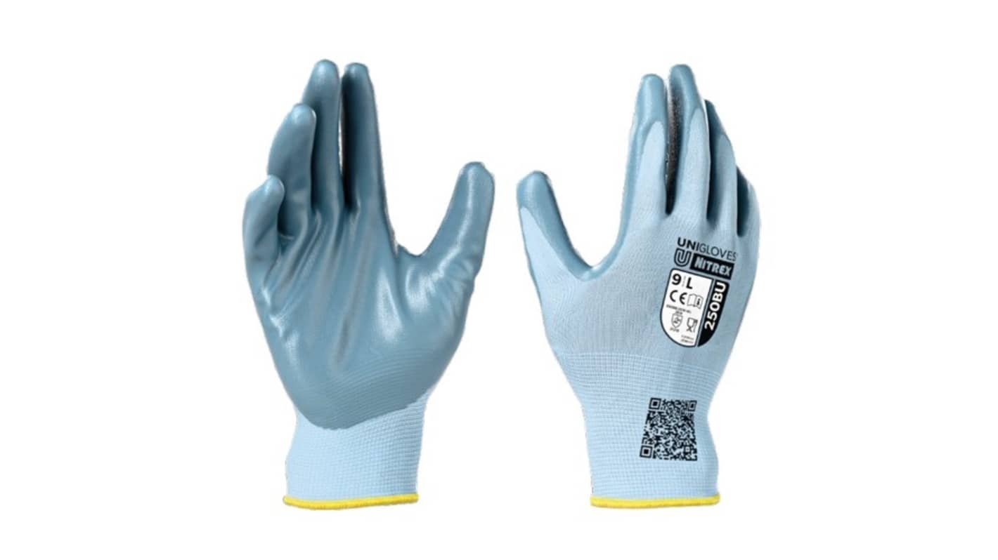Unigloves Nitrex 250BU Blue Polyester Food Industry Work Gloves, Size 10, Nitrile Coating