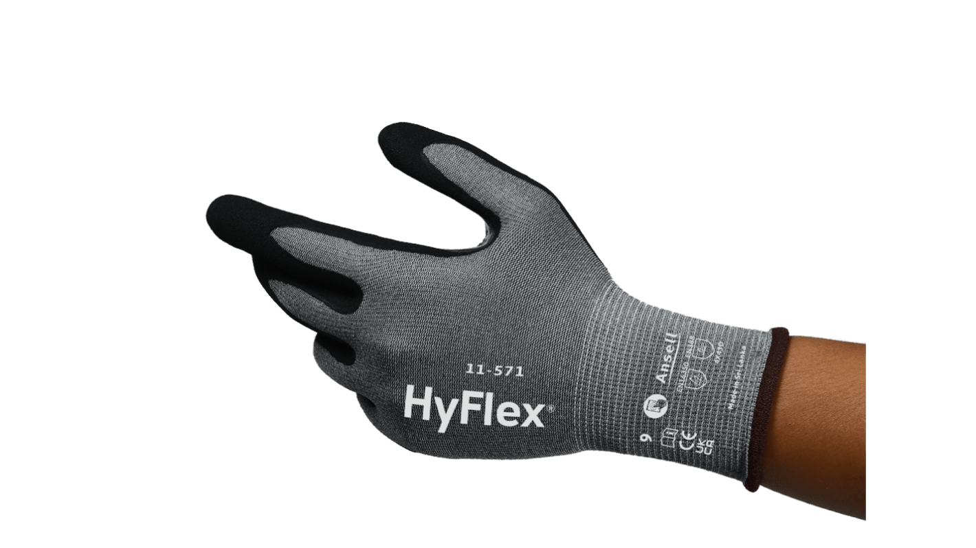 Ansell HyFlex Black, Grey HPPE, Nylon, Spandex Cut Resistant Work Gloves, Size 7, Nitrile Coating