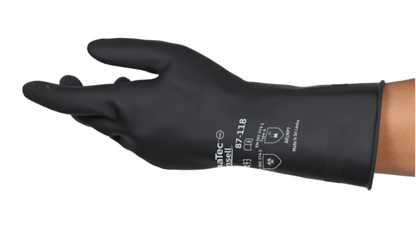 Ansell Alpha Tec Black Natural Rubber Latex Chemical Resistant Work Gloves, Size 11, Latex, Natural Rubber Coating