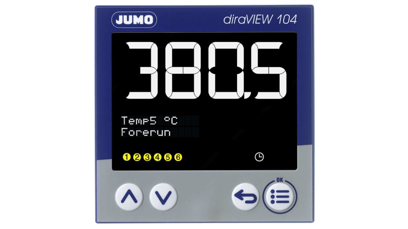 Jumo 701514 Panel Mount Digital Indicator, 22 x 89mm 3 Input, 1 Output Relay, 110 → 240 V ac Supply Voltage