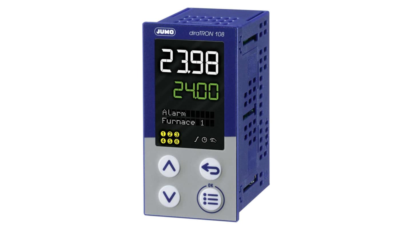 Jumo 702112 Panel Mount Controller, 22 x 89mm 3 Input, 1 Output Relay, 110 → 240 V ac Supply Voltage Controller