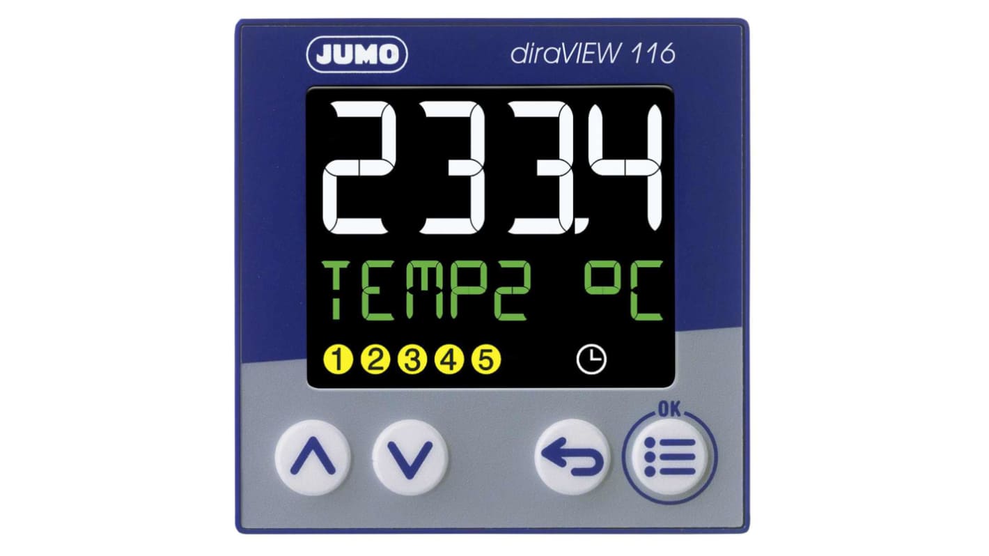 Jumo 701511 Panel Mount Digital Indicator, 22 x 89mm 3 Input Relay, 110 → 240 V ac Supply Voltage Controller