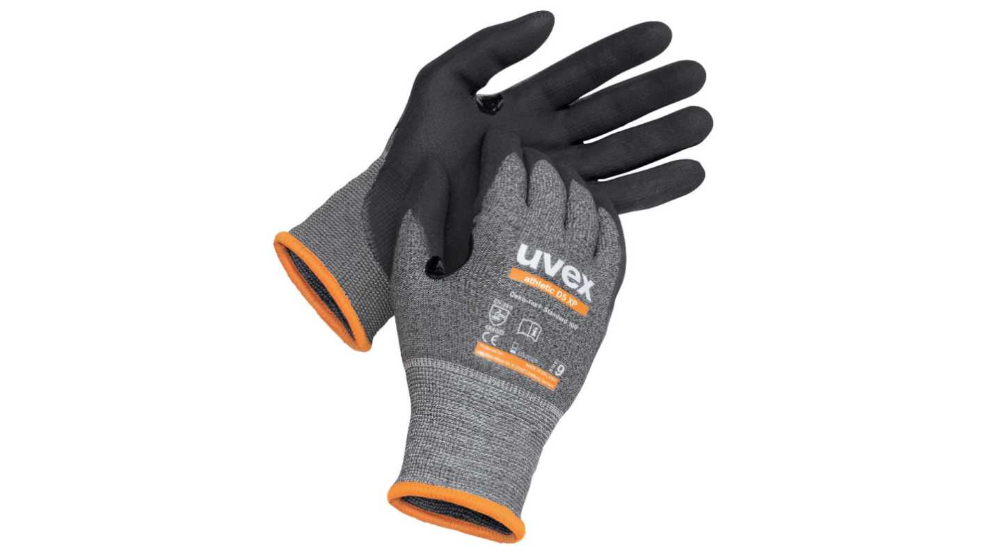 uvex 60030 Black, Grey Elastane, HPPE, Polyamide, Steel Abrasion Resistant, Breathable, Cut Resistant, Dry Environment,