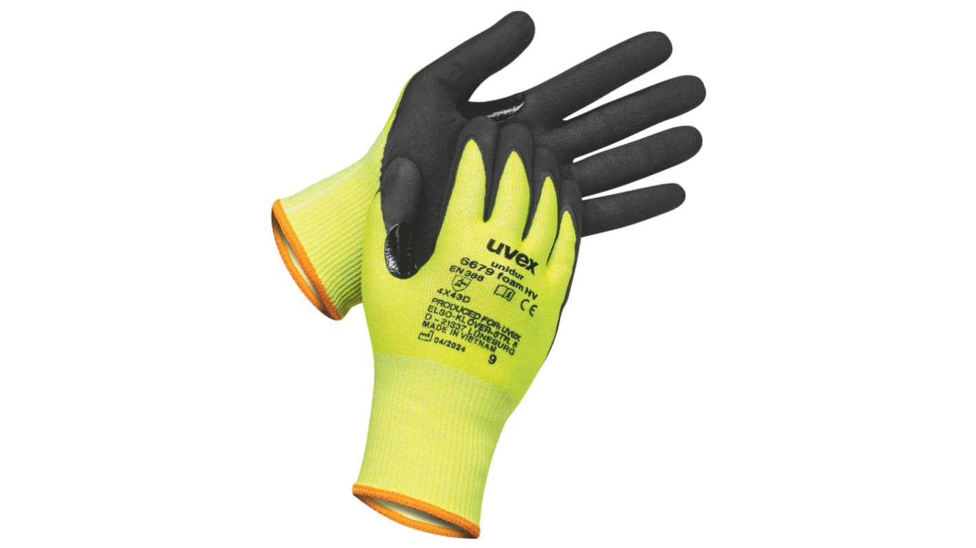uvex 60894 Yellow Fibreglass, HPPE, Polyamide Abrasion Resistant, Breathable, Cut Resistant, Dry Environment, General
