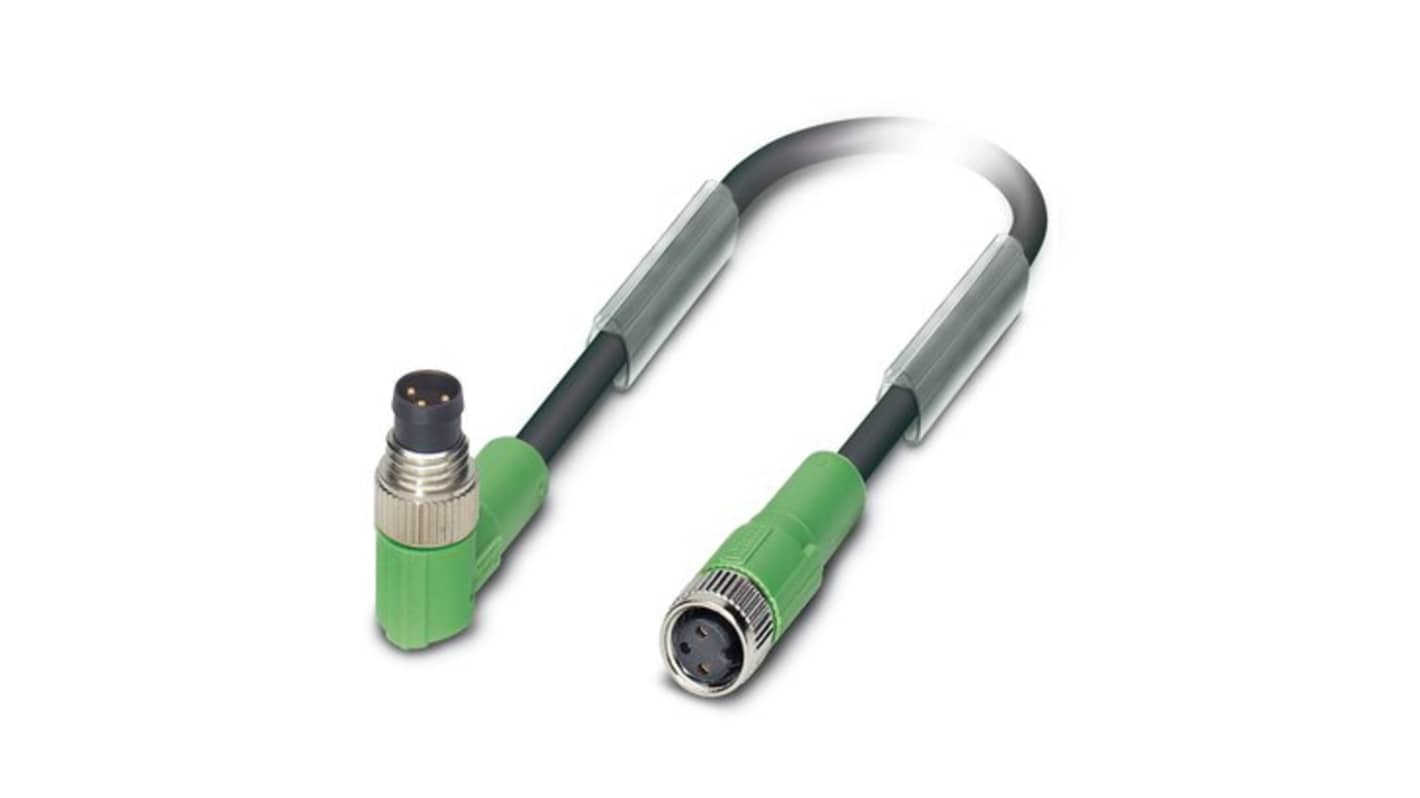 Phoenix Contact Right Angle Male 3 way M8 to Straight Female 3 way M8 Actuator/Sensor Cable, 1.5m