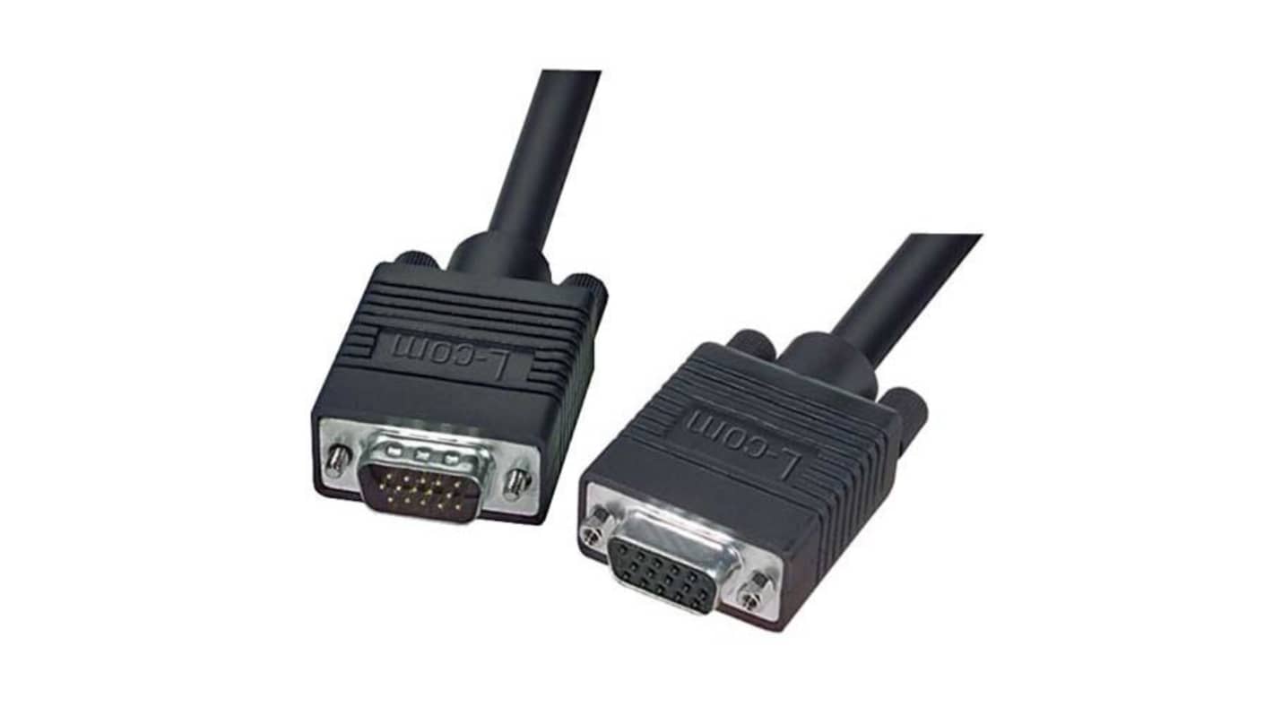 L-Com Male 15 Pin D-sub to Female 15 Pin D-sub SVGA Cable, 10ft Black