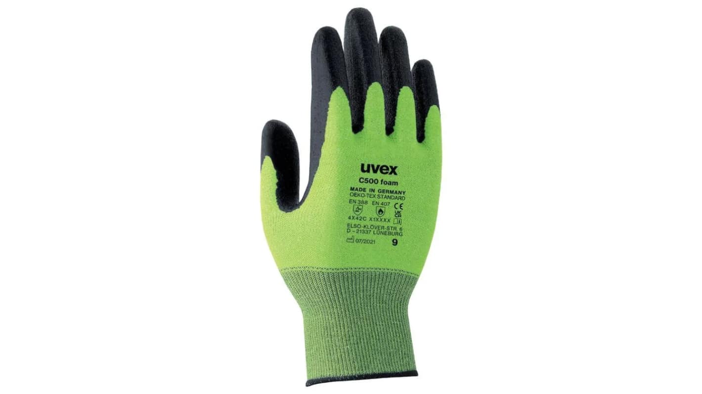 uvex 60494 Black, Green Bamboo, Fibreglass, HPPE, Polyamide Damp Environment Work Gloves, Size 10, Foam, HPE Coating