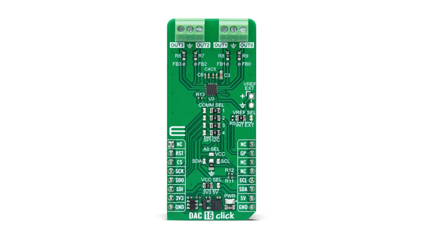 MikroElektronika 转化器模块, Buffered Digital To Analog Converter From Texas Instruments, Quad Channel, 用于波形产生、直流偏置和校准、电压边际化