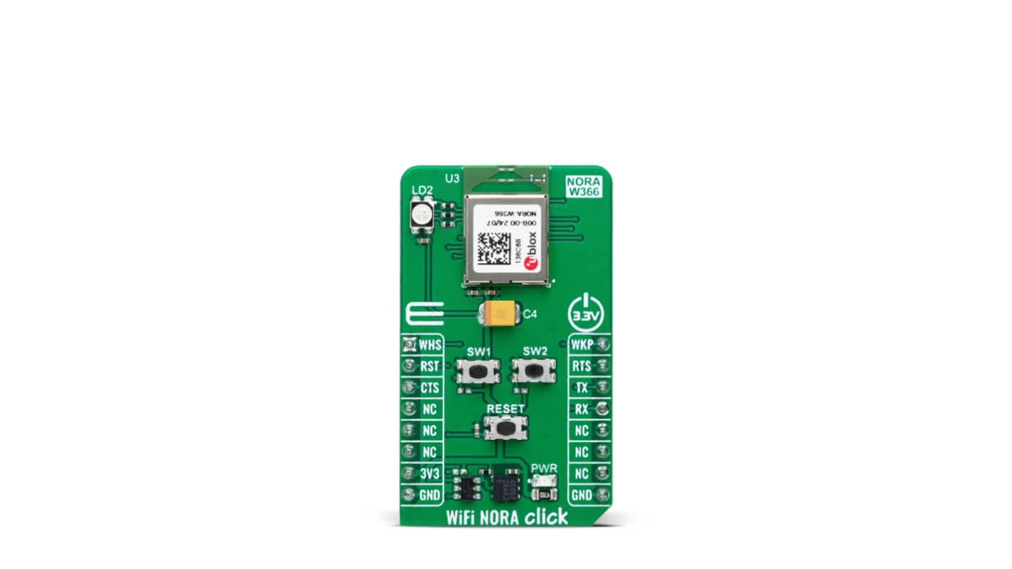MikroElektronika WiFi, WLAN通信板 WiFi模块, Wi-Fi, 20MHz, NORA-W366-00B6-00B芯片, 用于电动汽车充电、医疗保健、工业自动化、智能楼宇、智能城市