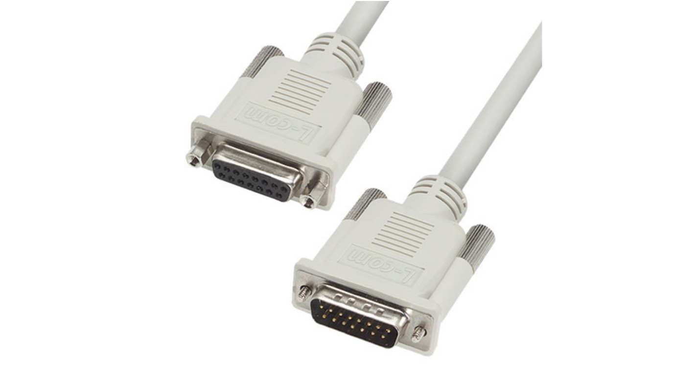 L-Com Male 15 Pin D-sub to Female 15 Pin D-sub Cable assembly, 2.5ft PVC