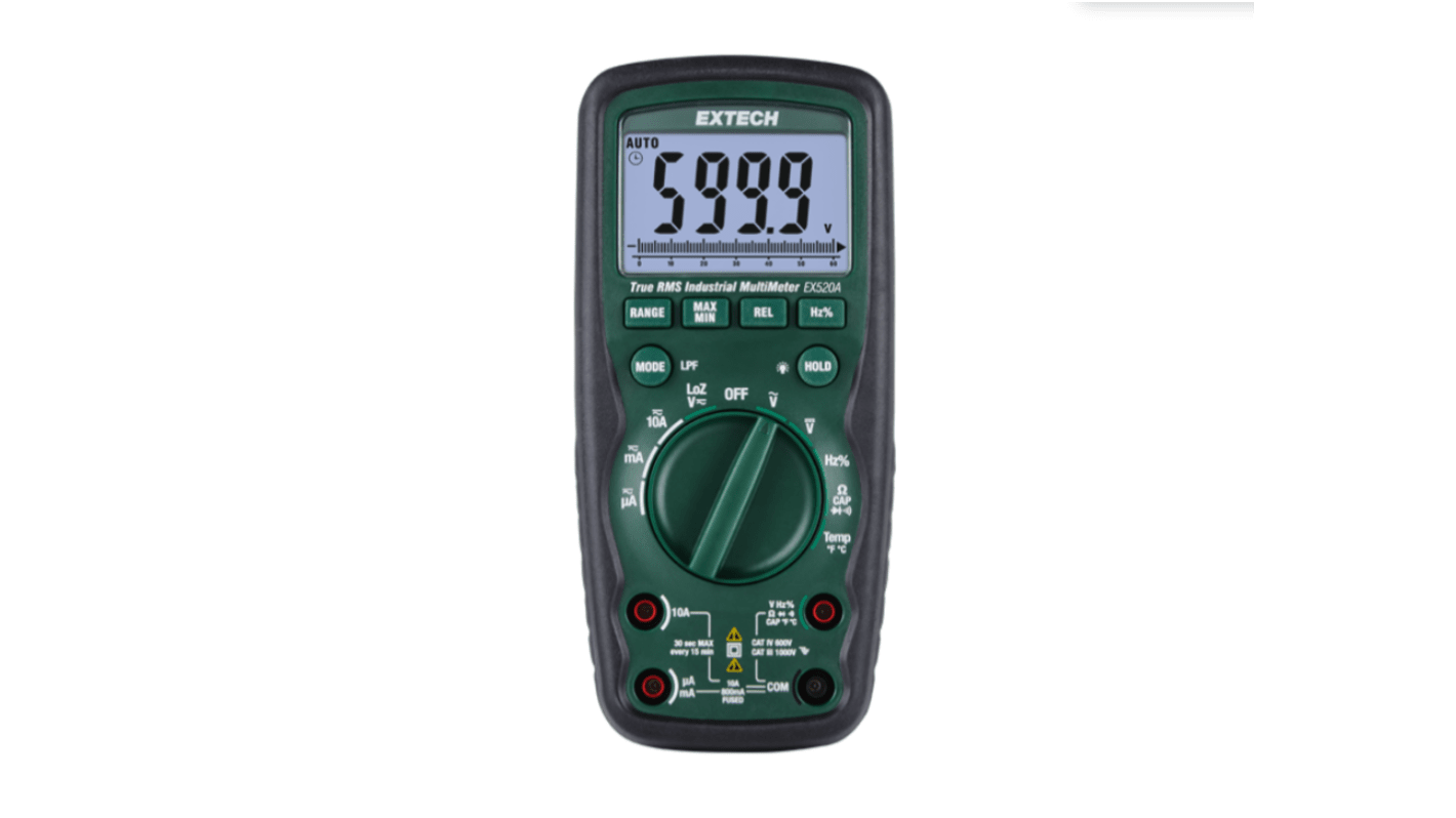 Extech EX520A Handheld LCD Multimeter, True RMS, 10A ac Max, 10A dc Max, 1000V ac Max