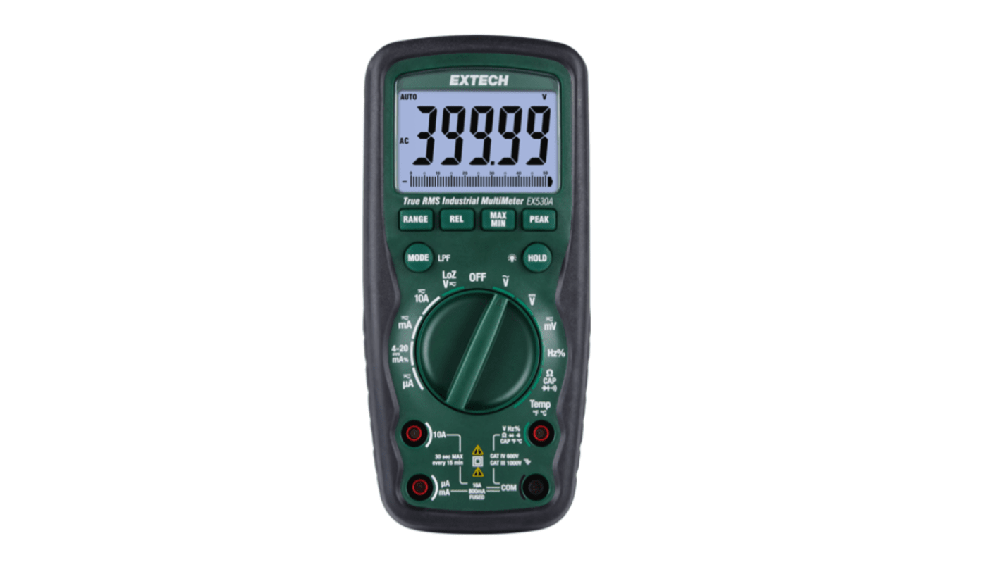 Extech EX520A Handheld LCD Multimeter, True RMS, 10A ac Max, 10A dc Max, 1000V ac Max