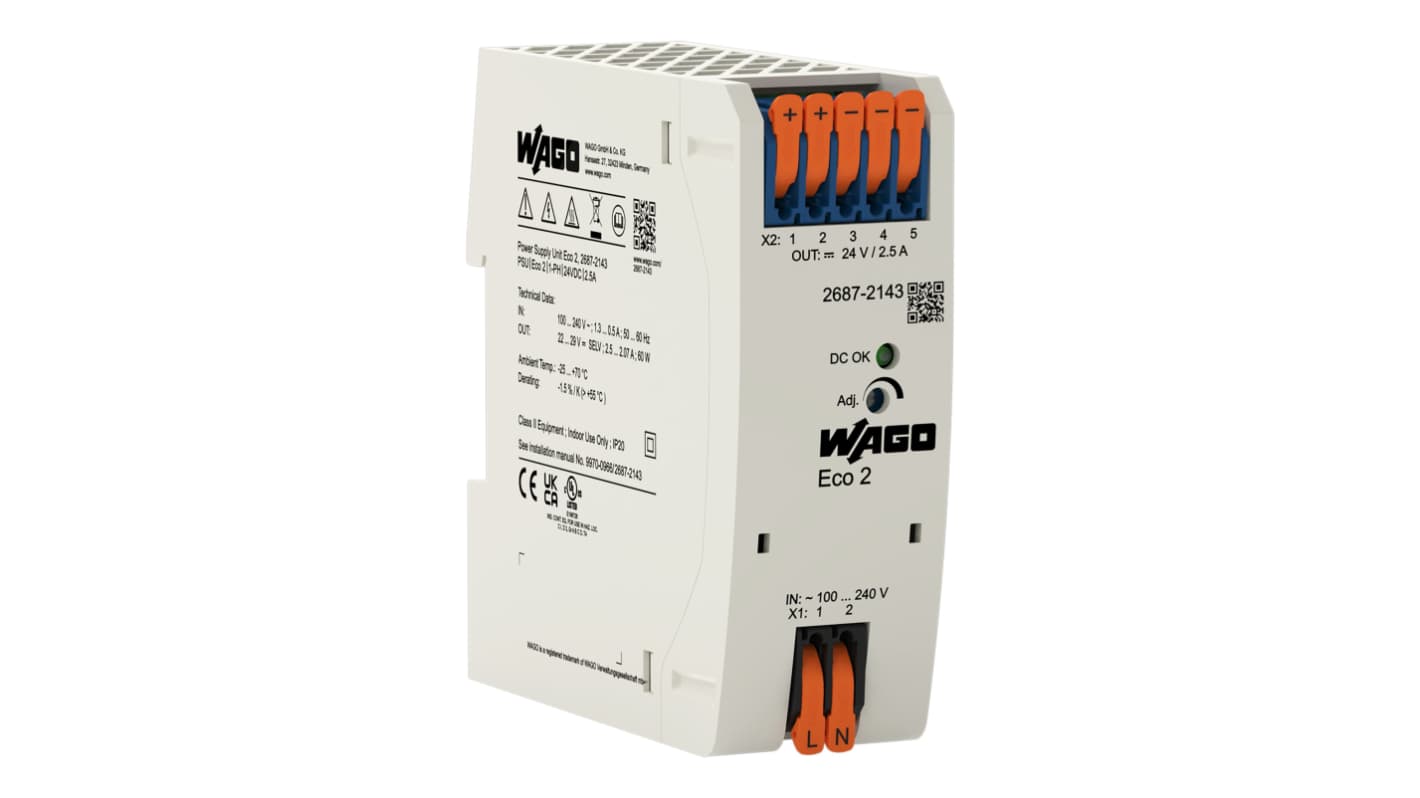 WAGO 2687 Power Supply, 240V ac ac Input, 24V dc dc Output, 2.5A Output, 60W