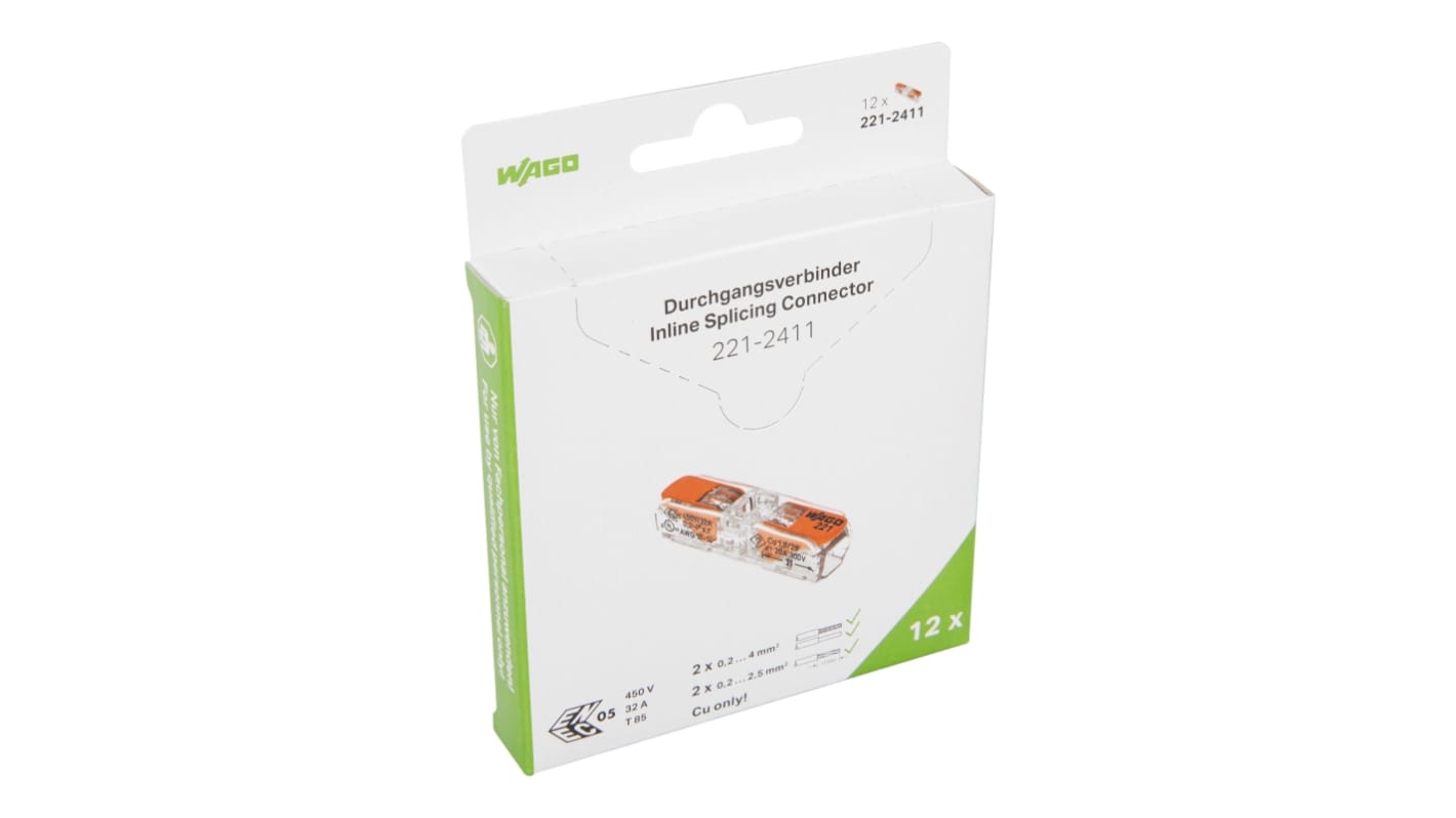 WAGO, 221 Wire Splice Splice Connector, Clear Insulation 4 mm²