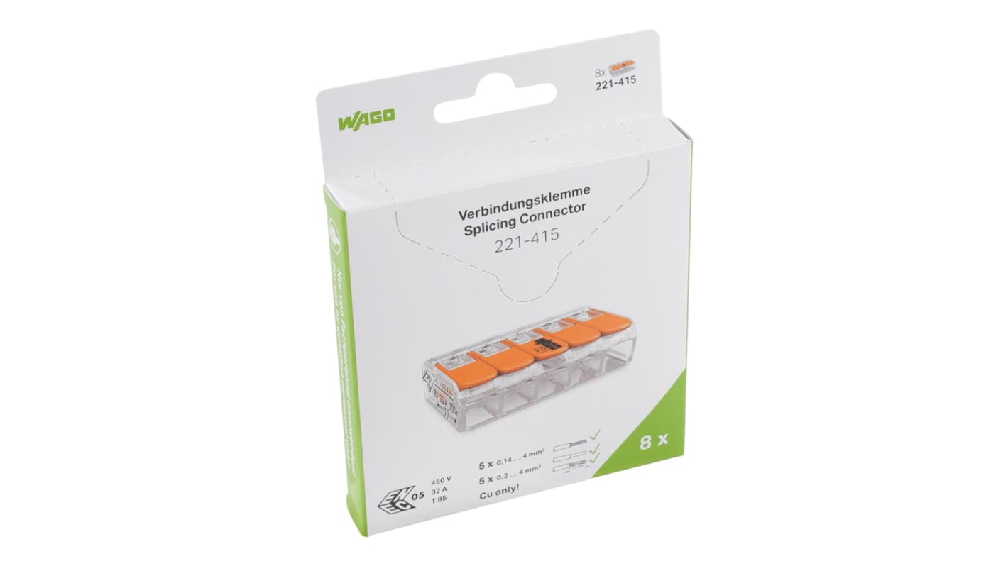 WAGO, 221 Wire Splice Splice Connector, Clear Insulation 4 mm²