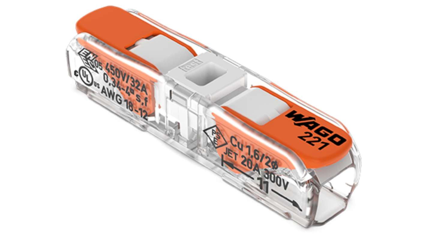 WAGO, 221 Wire Splice Splice Connector, Clear Insulation 4 mm²
