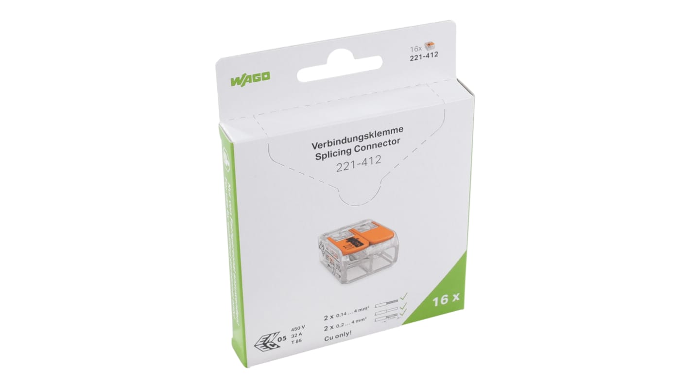 WAGO, 221 Wire Splice Splice Connector, Clear Insulation 4 mm²