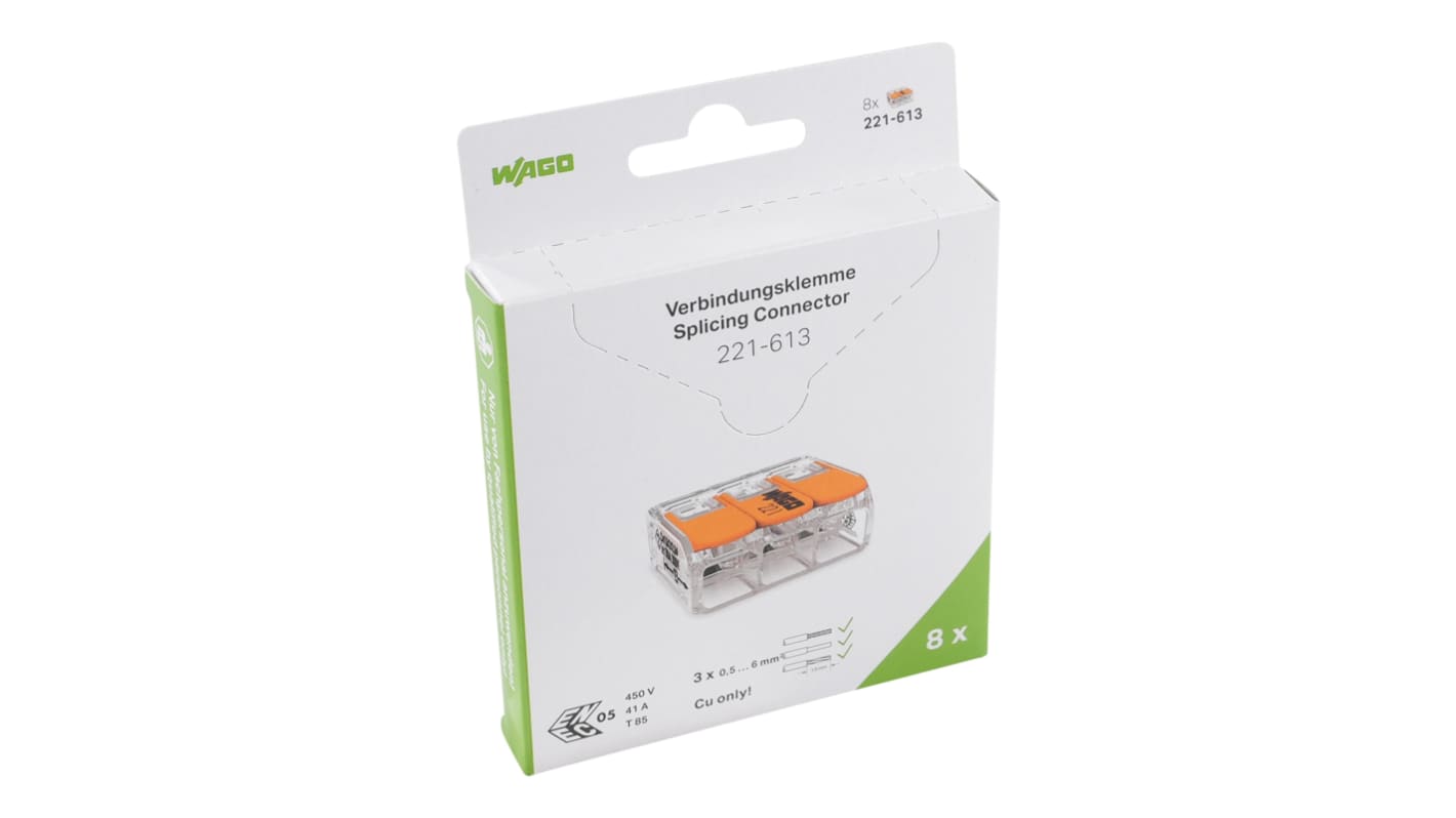 WAGO, 221 Wire Splice Splice Connector, Clear Insulation 6 mm²