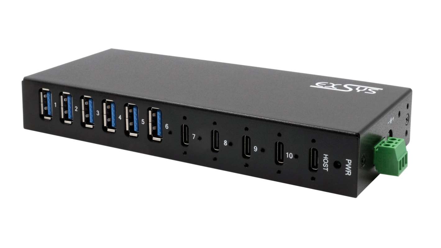 Exsys 10 Port USB 3.2 USB A, USB C  Hub, Terminal Connector Powered, 161 x 68 x 25mm