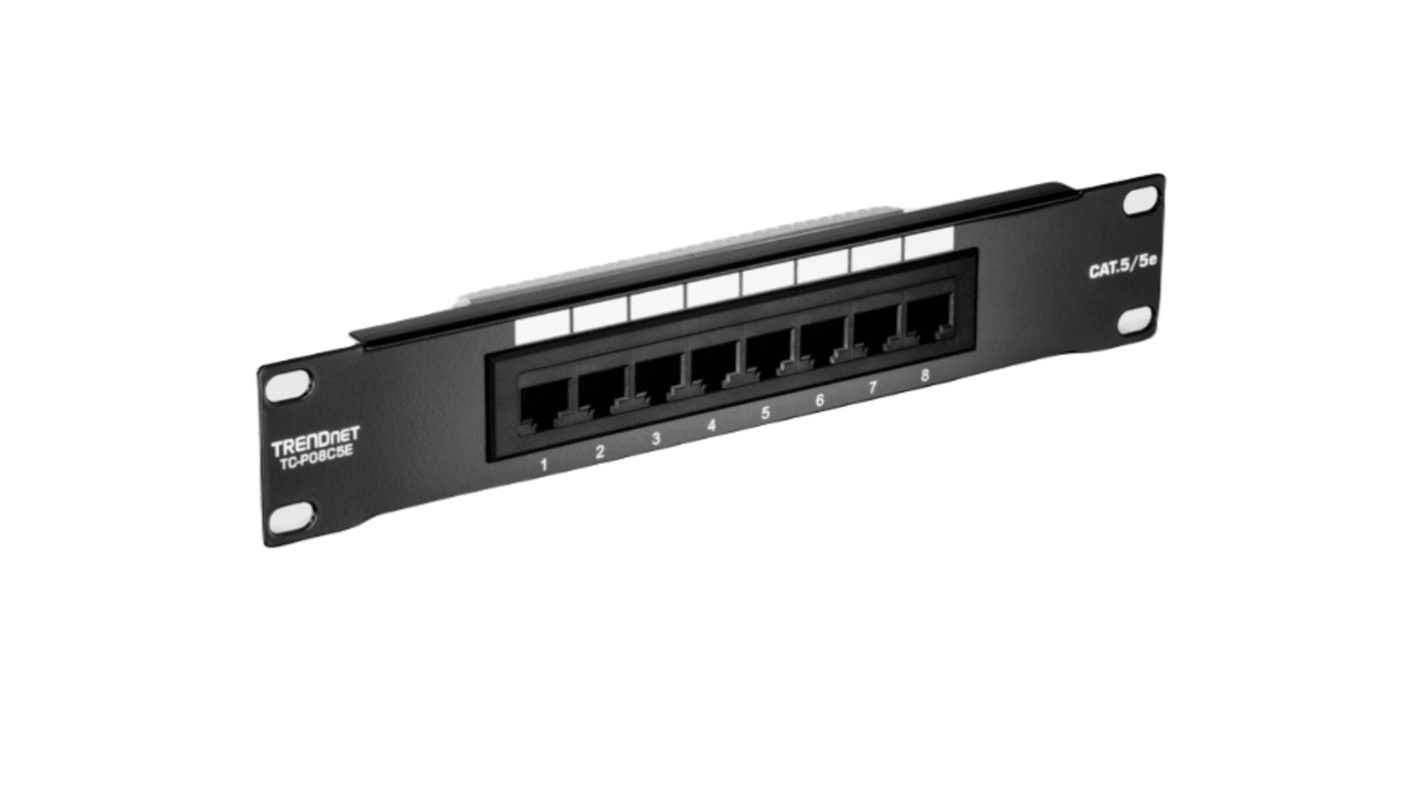 Panel krosowniczy, TC, Cat5e, 8 portów, RJ45, Bez ekranowania, 44mm, Czarny