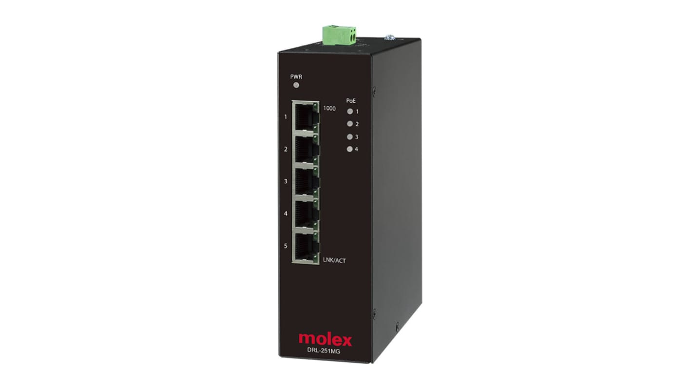 Molex IP20 Unmanaged PoE Ethernet Switch, Unmanaged 5 Port Industrial Ethernet Switch With PoE RJ-45