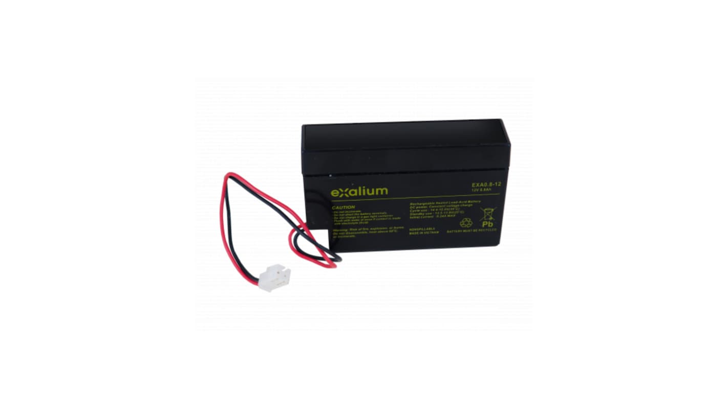 Exalium 12V800mAh密封铅酸电池, 纯铅结构, JST连接器接端