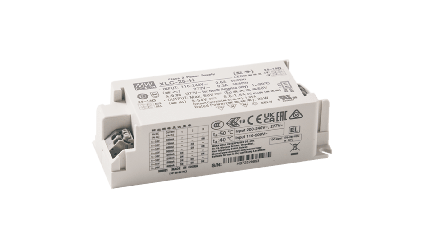 MEAN WELL LED Driver Power Supply, 60V Output, 25W Output, 1.05A Output, Constant Power