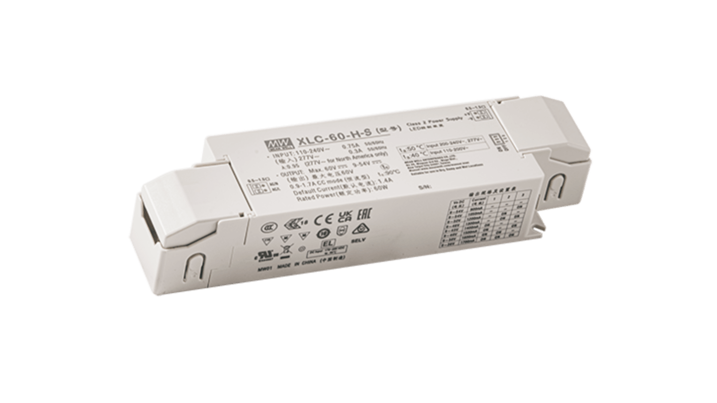 MEAN WELL LED Driver Power Supply, 9 → 54V Output, 60W Output, 0.9 → 1.7A Output, Constant Power Dimmable